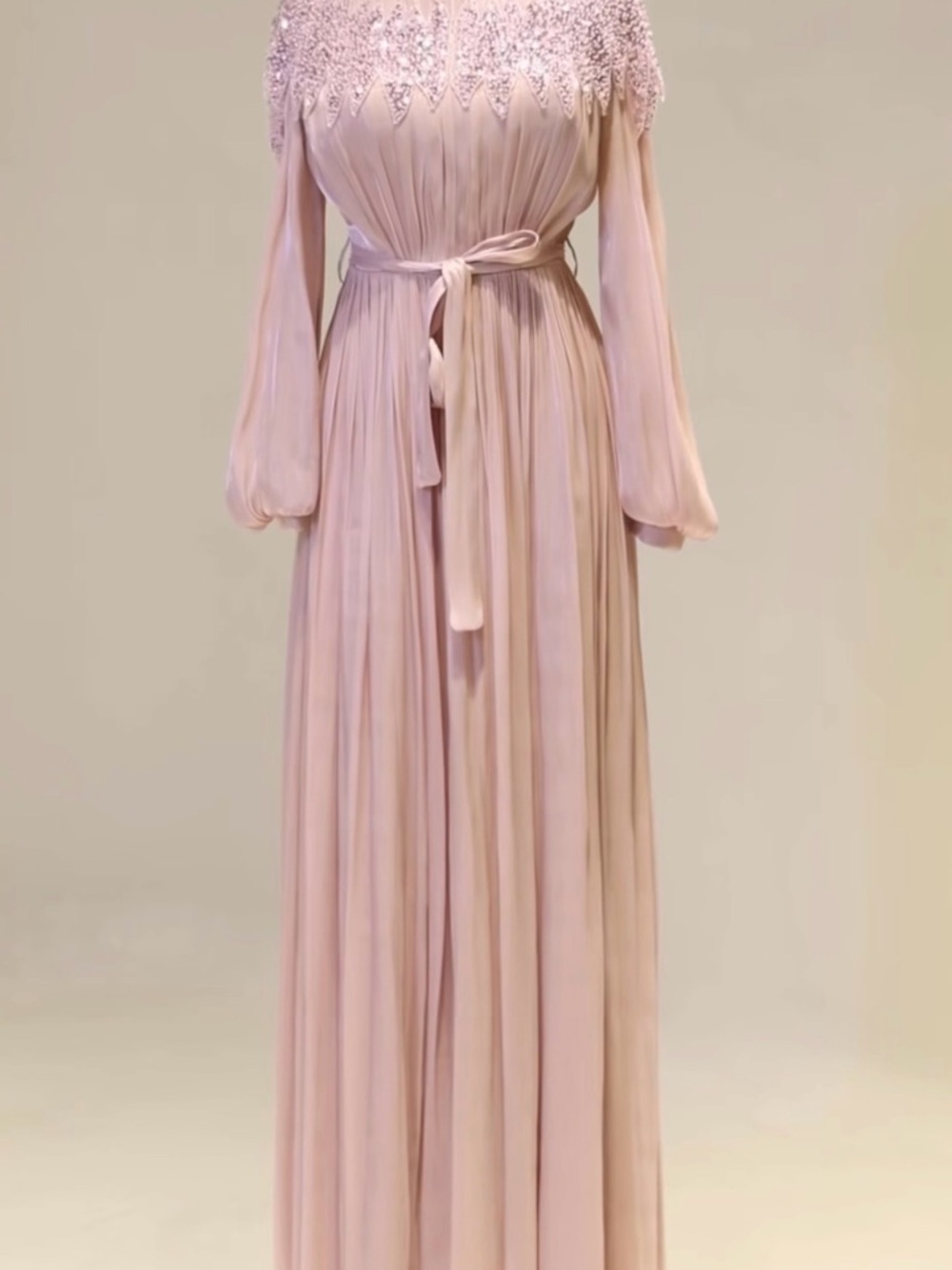 Petal Pink Maxi Dress with Beaded Yoke and Waist Tie